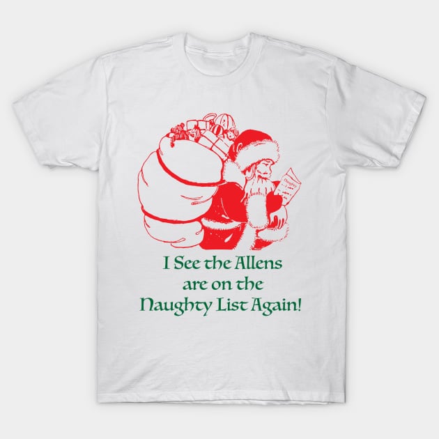 Allens are on Santa's Naughty List, Allens Family Xmas, Funny Vintage Santa, Christmas Humor Allen family T-Shirt by penandinkdesign@hotmail.com